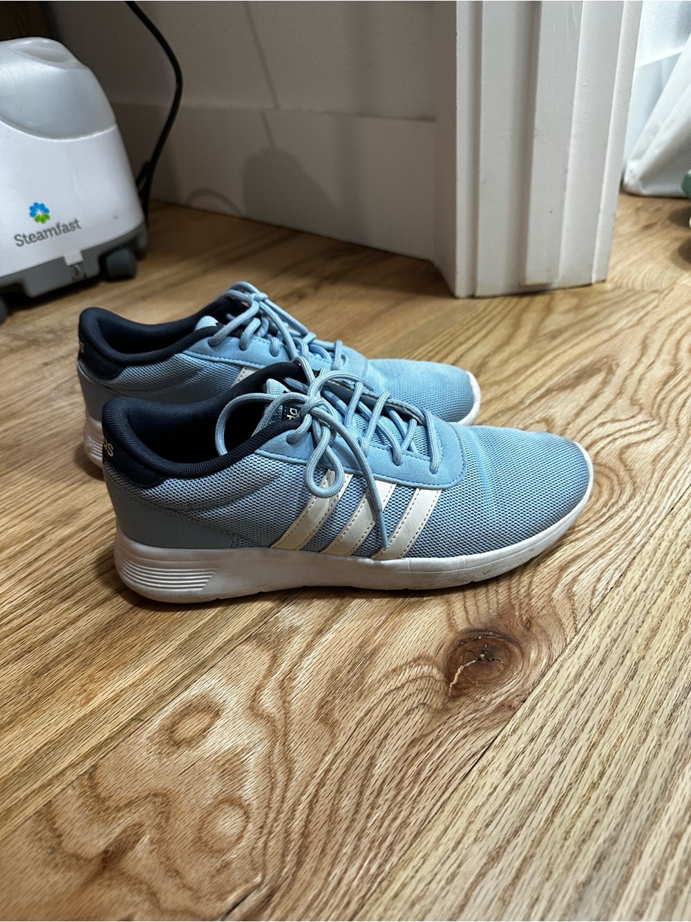 adidas Women’s Light Blue Athletic Sneakers with White Stripes